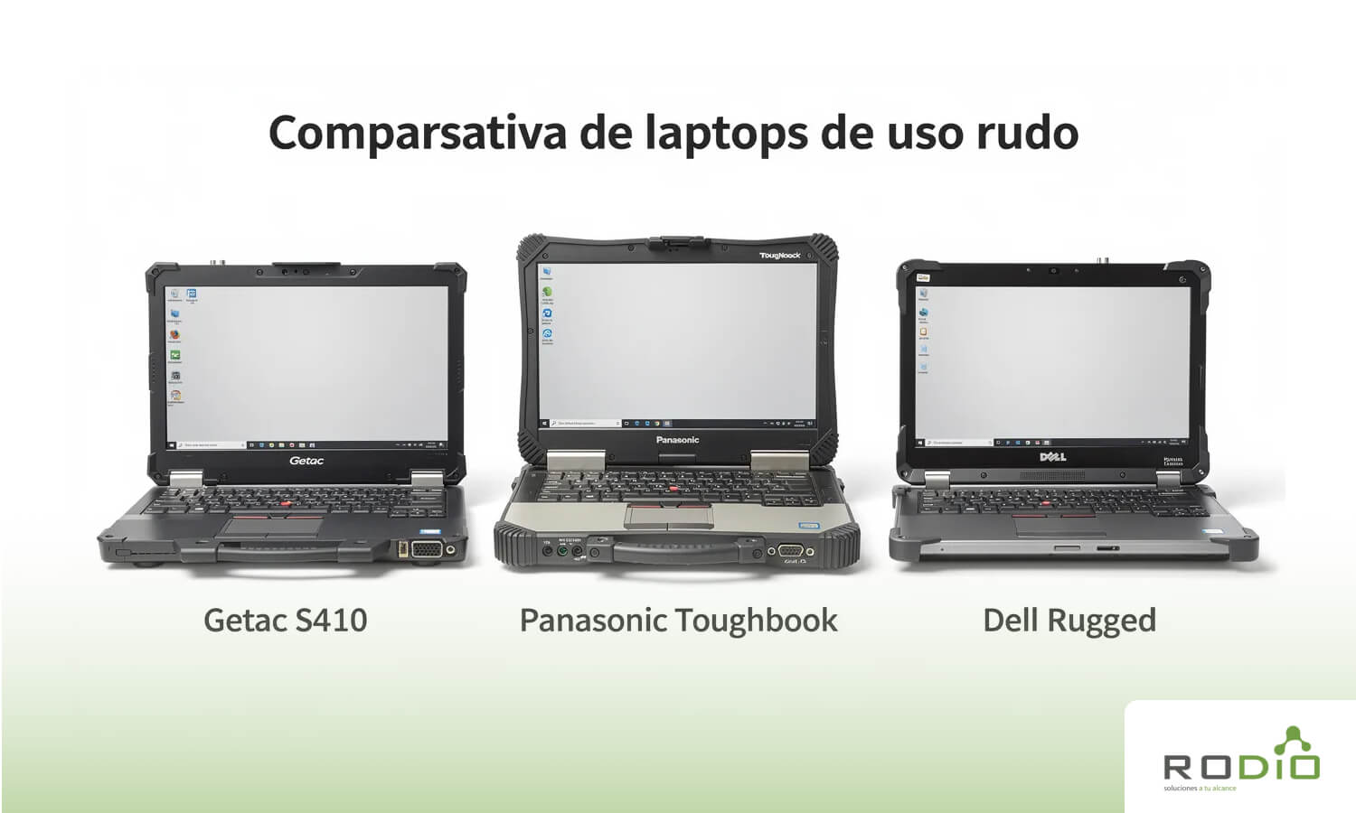 Comparativa visual de laptops de uso rudo en México: modelos de Getac S410, Panasonic Toughbook y Dell Rugged.